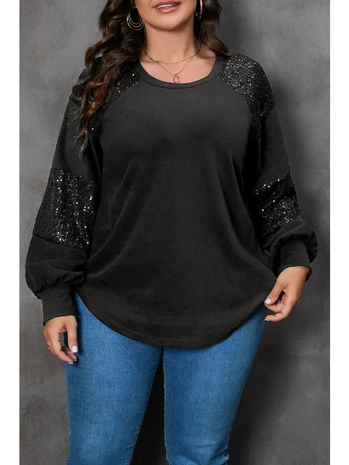 Plus Size Sequin Patchwork Long Sleeve Top ✨