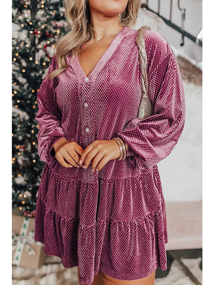 Plus Size Texture Velvet Buttoned Dress 💜